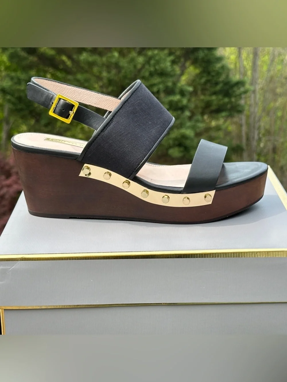 Nearly NEW Black and Gold Leather and Canvas Platform Wedge Casual Sandals
